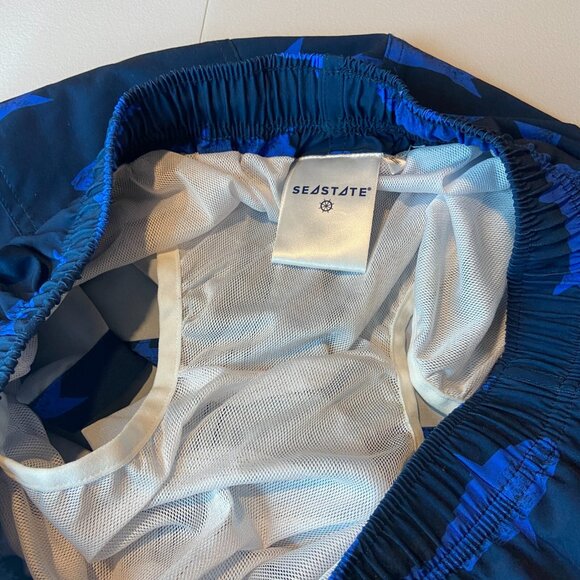 Seastate Men M Swim Trunk Mesh Lined Fish Print Navy Blue 5" Inseam Beach Pool - Picture 5 of 9